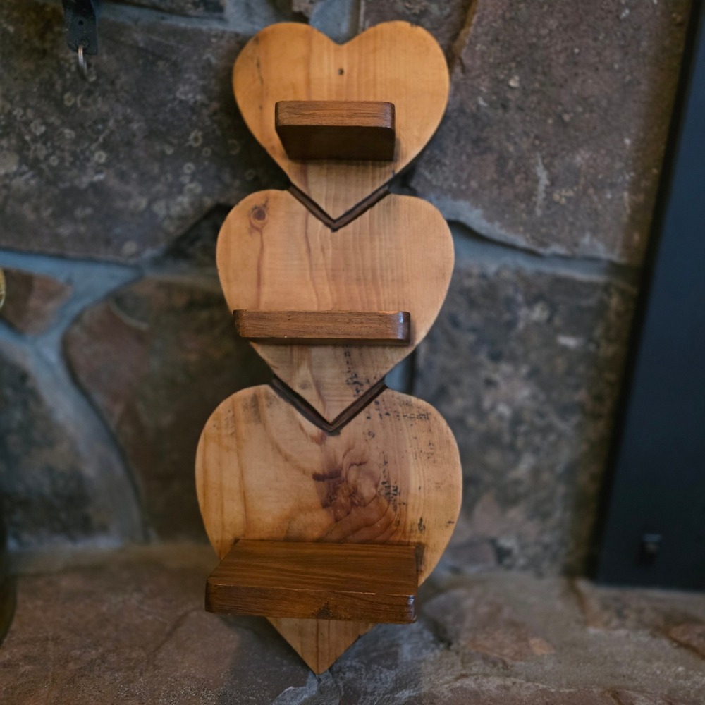 Vintage Rustic Wood Triple Heart Tiered Wall Shelf Handcrafted Brown 18 Inch